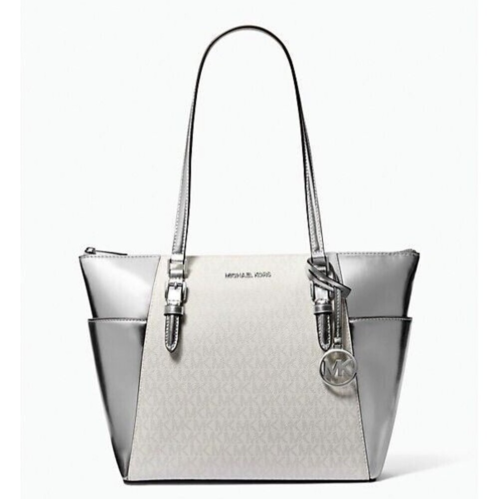 New Michael Kors Charlotte Large Signature Logo and Metallic Tote Bag Silver
